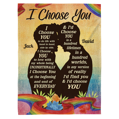 Gay Lgbt Couple Rainbow Silhouette Vintage I'd Find You & I'd Choose You, Personalized Blanket, Gifts For Him Her From Honey