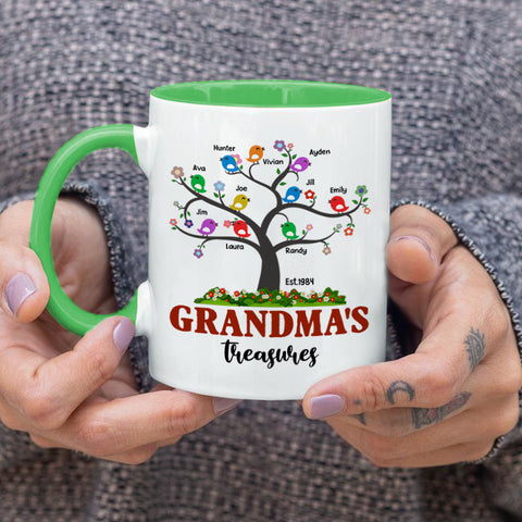 Personalized Coffee Mug For Grandma From Grandchild Grandma's Treasures Tree With Cute Birds Custom Grandkids Name 11 15Oz Ceramic Accent Cup Gifts For Grandma For Birthday Christmas