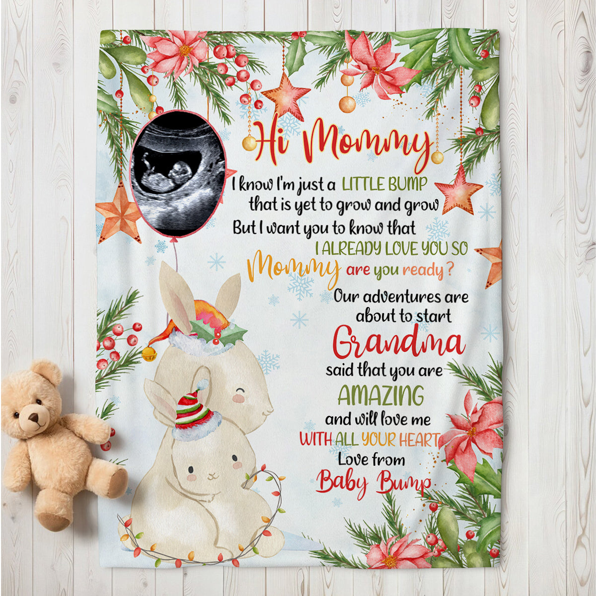 Personalized Bunny Pregnancy Announcement Blanket From Baby Bump, Ultrasound Gifts For New Mom And Dad, Soft Cozy Blanket For Expecting Parents, Baby Reveal Keepsake Christmas Presents