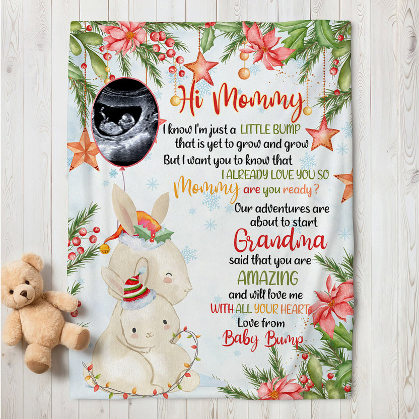 Personalized Bunny Pregnancy Announcement Blanket From Baby Bump, Ultrasound Gifts For New Mom And Dad, Soft Cozy Blanket For Expecting Parents, Baby Reveal Keepsake Christmas Presents