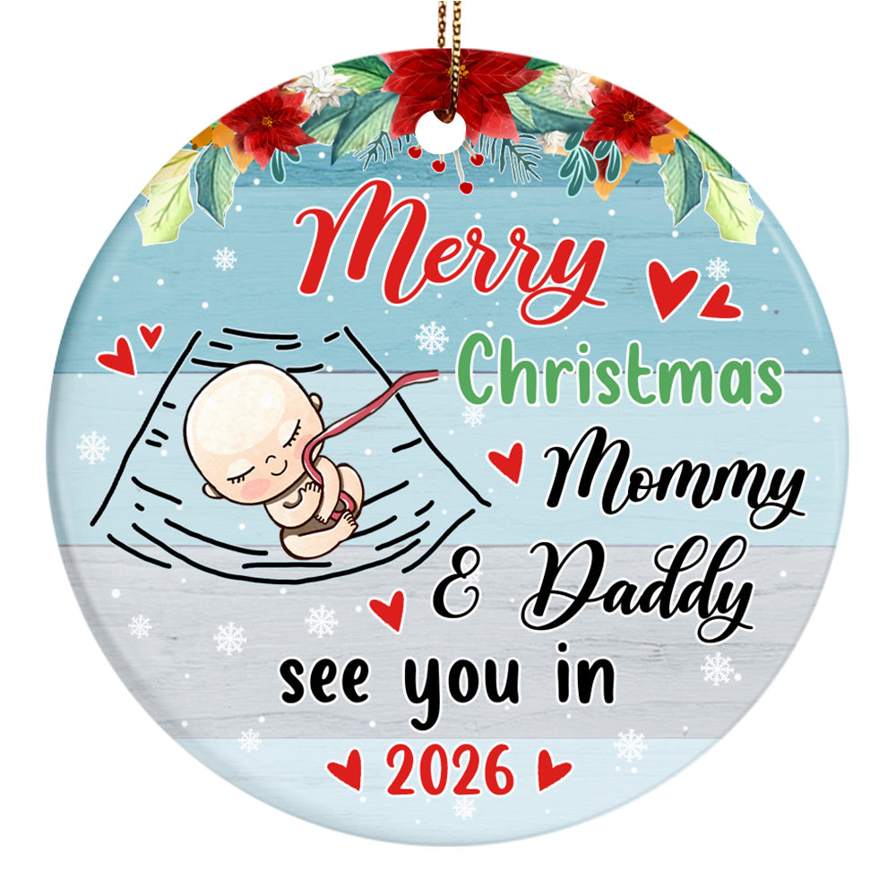 Mom To Be Gifts, Merry Christmas As Mommy & Daddy Sleeping Baby Bump, Custom Baby Announcement Circle Ornament, Holiday Decor, Maternity Circle Ornament Gifts For New Mommy