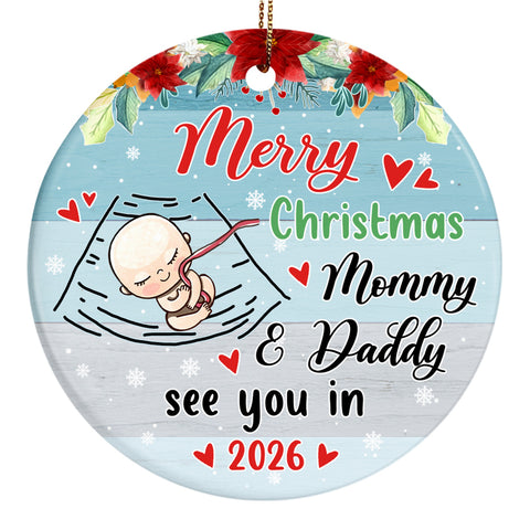 Mom To Be Gifts, Merry Christmas As Mommy & Daddy Sleeping Baby Bump, Custom Baby Announcement Circle Ornament, Holiday Decor, Maternity Circle Ornament Gifts For New Mommy
