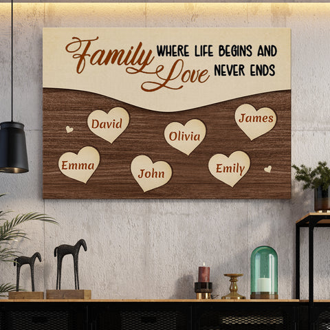 Gifts For Family, Family Together Life Begins Wooden Hearts, Personalized Canvas Wall Art, Gifts For Parents Family, Poster Prints Home Decor, Family Wall Decor, Gifts For Birthday