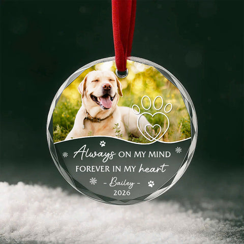 Always On Mind Forever In Heart Pawprints Glass Ornament Remembrance, Memorial Keepsake, Pet Loss Decoration, Winter Decor, Remembrance Tribute Ornament With Photo, Gifts For Dog Lovers
