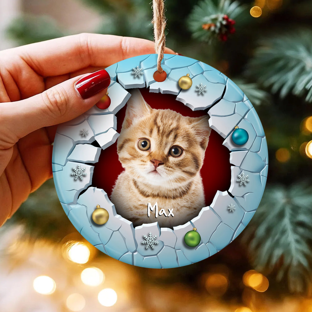 Fluffy Cat Christmas Ornament 3d Break Through Circle Circle Ceramic/ Plastic Design, Custom Name Pet Decoration, Holiday Keepsake Gifts, Personalized Christmas Ornament, Gifts For Cat