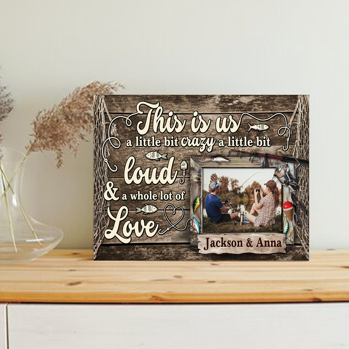 Personalized Name Fishing Canvas Artwork, A Little Bit Loud & A Whole Lot Of Love Phrase, Country Cabin Theme Decor, Personalized Canvas Wall Art, Gifts For Him Her  Poster Prints