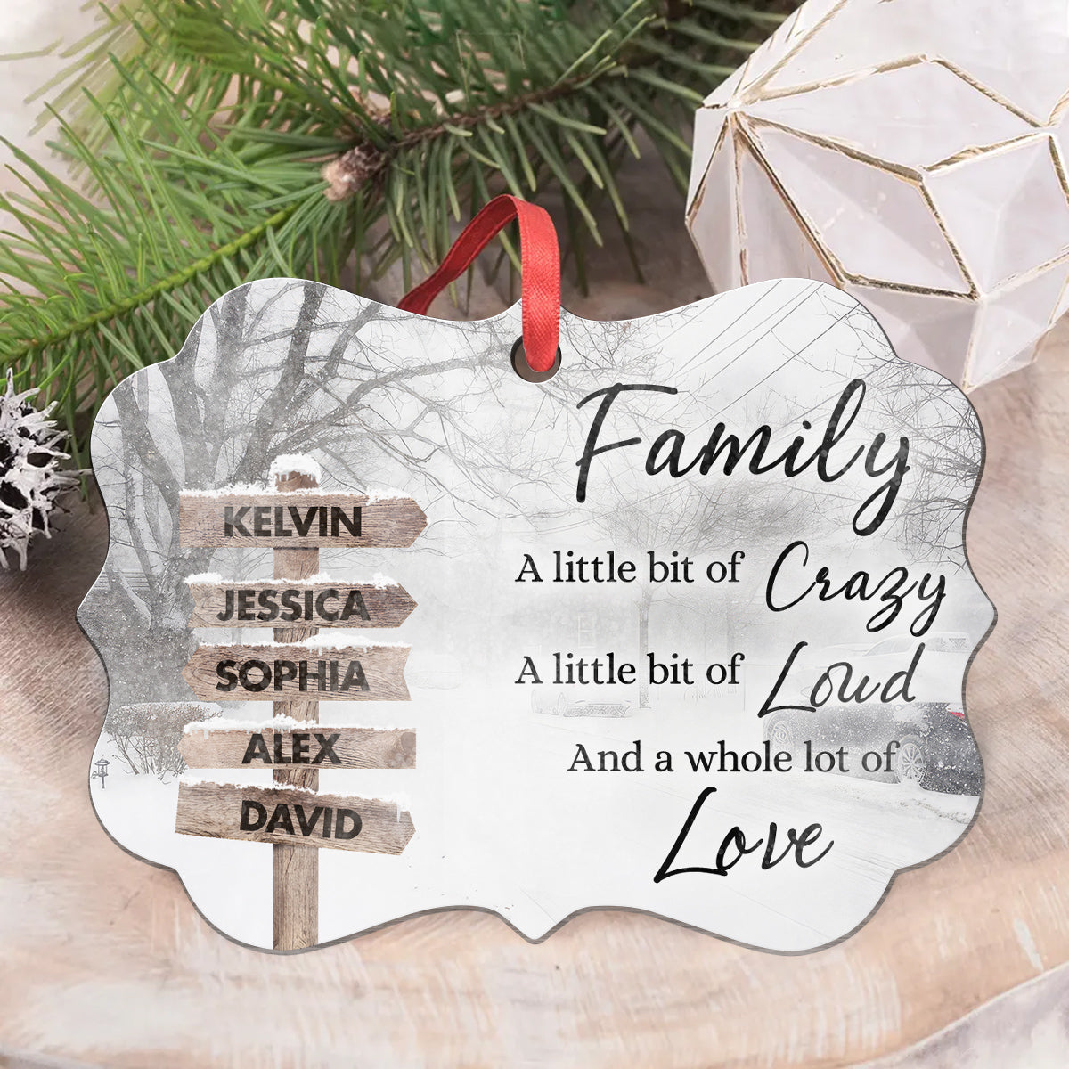 Family Little Bit Crazy, Little Bit Of Loud And Whole Lot Of Love Wooden Street Sign With Names Winter Christmas Ornament