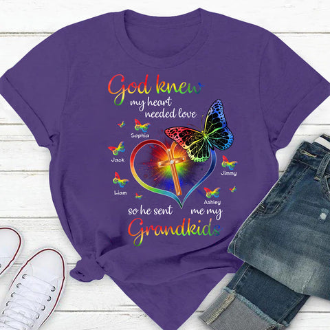 Personalized Shirt For Grandparents From Grandson Hologram God Knew Heart Needed Love So He Sent Me My Grandkids Custom Name Gifts For Grandma Short Sleeve Tops Tee T-Shirt For Birthday Xmas