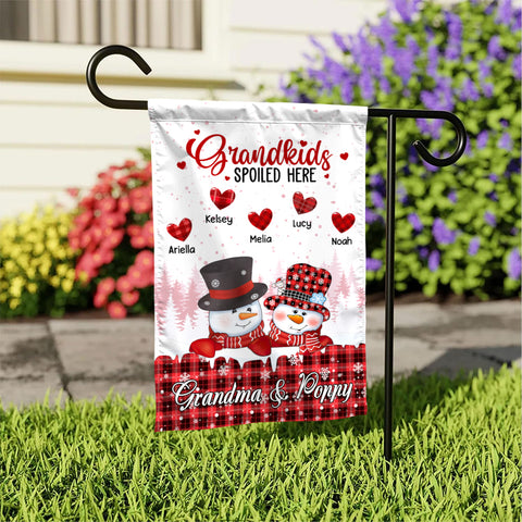 Personalized Grandchildren Names Outdoor Flag, Custom Grandma Poppy Garden Banner, Red Plaid Winter Yard Lawn Sign, Grandkids Spoiled Here Garden Sign