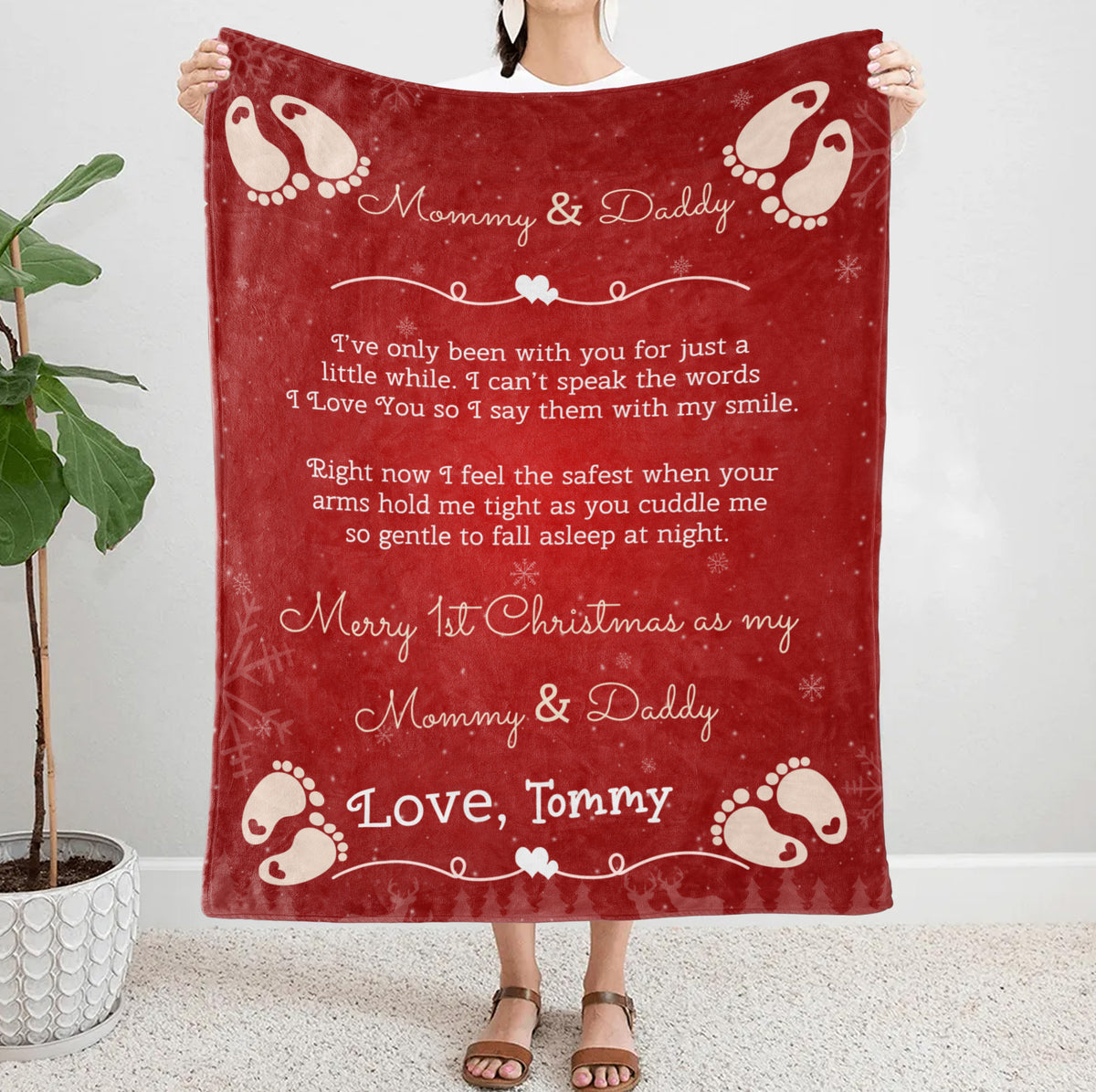 Personalized Blanket For 1st Time Mom Dad From New Born Merry 1st Christmas As Mommy And Daddy Cute Feet Print Custom First Time Mom Gifts Fleece Blanket For Christmas Gender Reveal