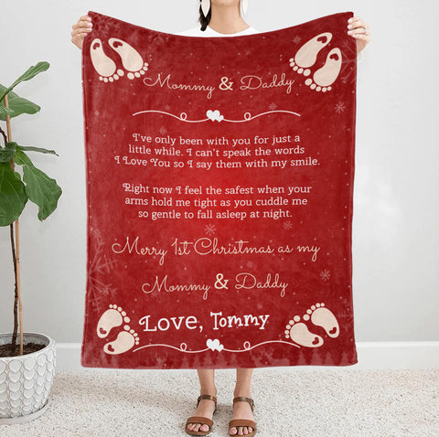 Personalized Blanket For 1st Time Mom Dad From New Born Merry 1st Christmas As Mommy And Daddy Cute Feet Print Custom First Time Mom Gifts Fleece Blanket For Christmas Gender Reveal