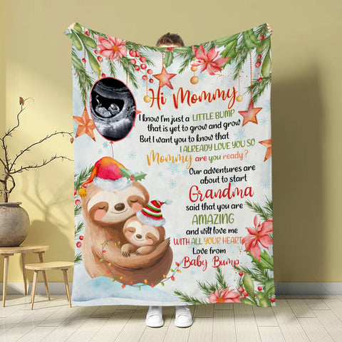 Personalized Sloth Pregnancy Announcement Fleece Sherpa Blanket, Ultrasound Baby Bump Gifts For New Mom New Dad, Meaningful Baby Reveal Keepsake, Expecting Parents Christmas Presents
