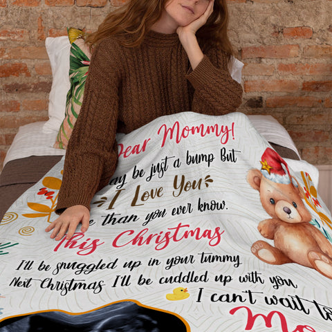 Mom To Be Gifts, This Christmas I'll Be Snuggled Up In Your Tummy Baby Ultrasound And Bear, Personalized Blanket, Gifts For Mommy , Fleece Sherpa, New Mom Blanket, Gifts For Christmas
