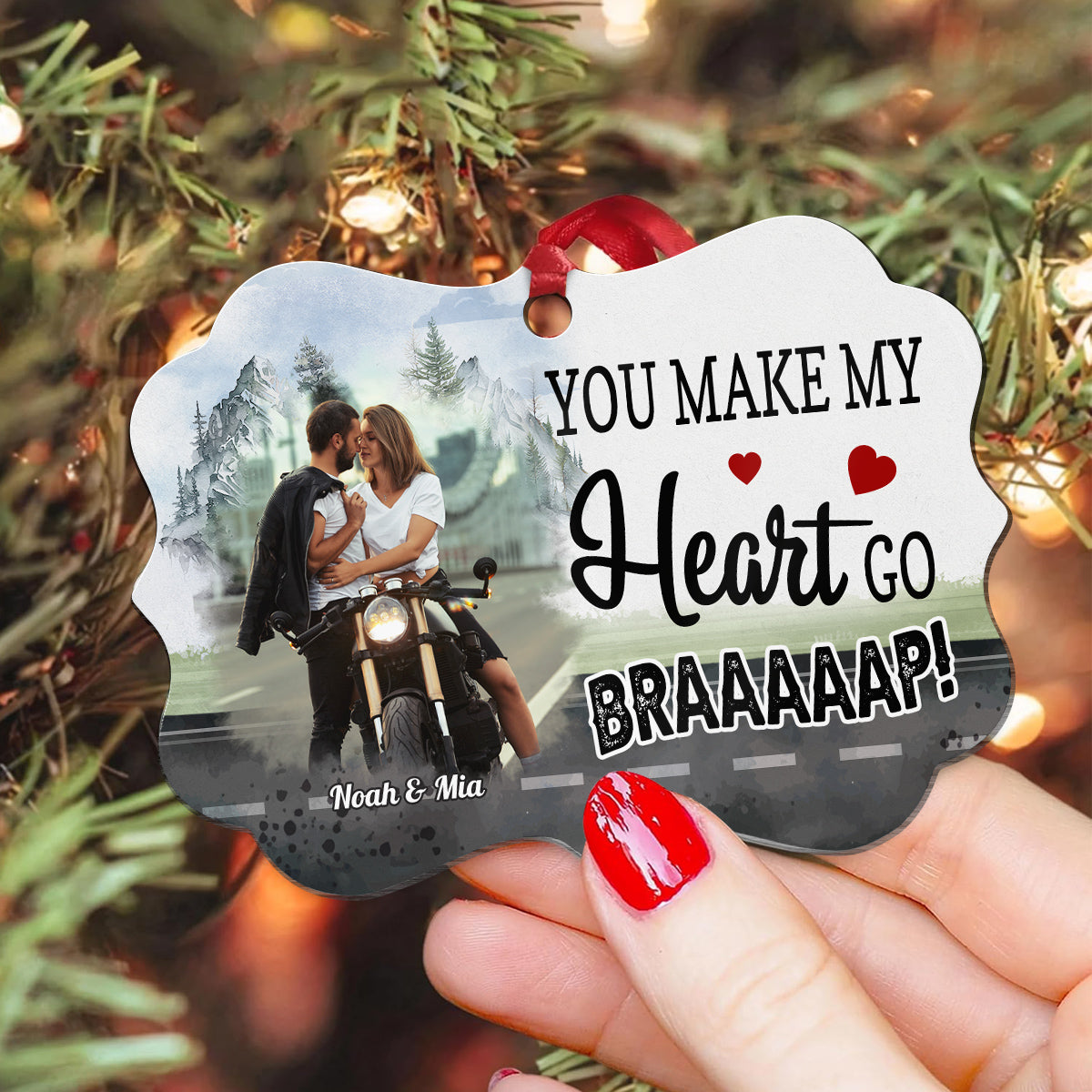 You Make My Heart Go Braaaap!, Motorcycle Couple Ornament, Romantic Biker Love Quote, Personalized Names, Adventure Love Decor Gifts For Him Her , Xmas Tree Decor, Gifts For Valentine