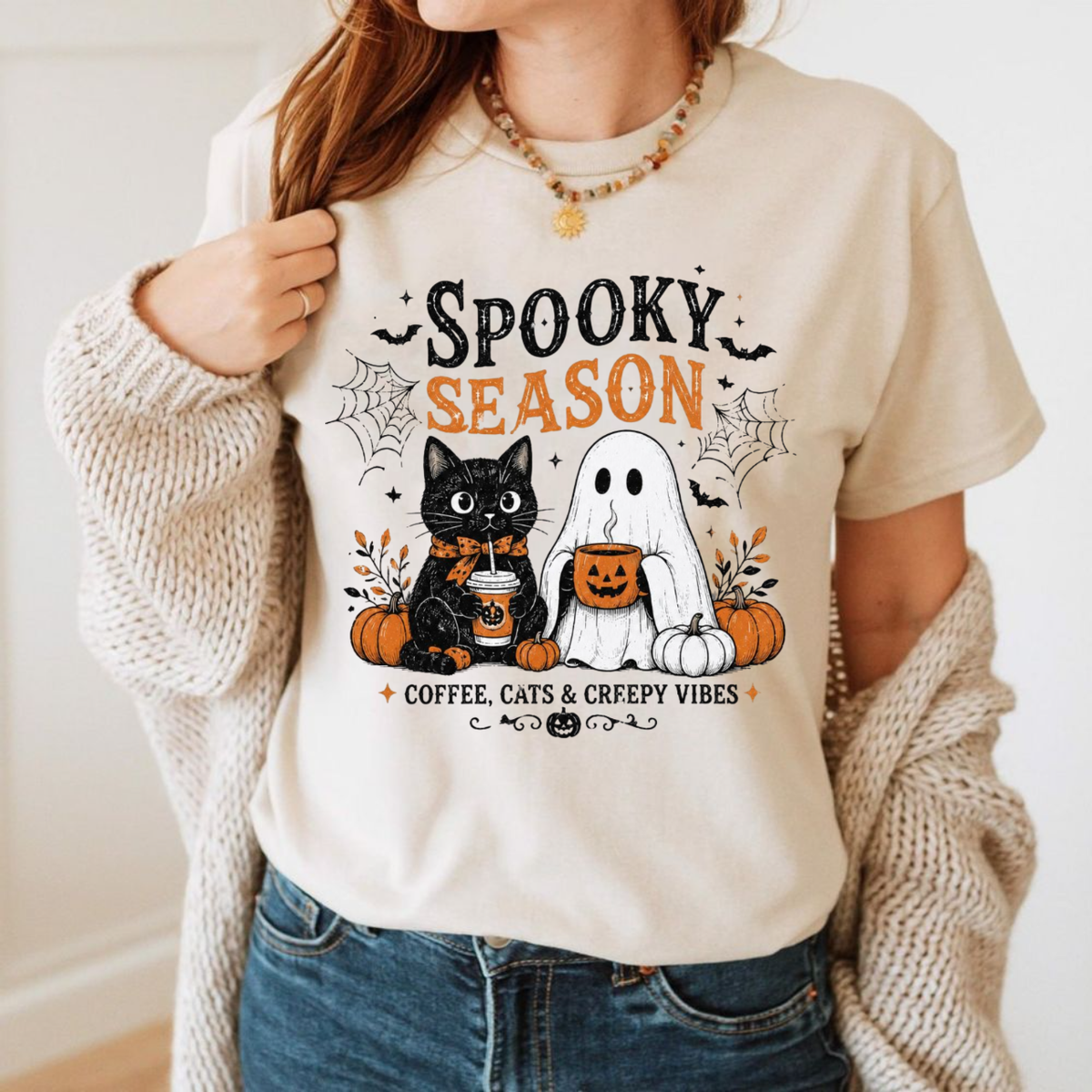 Spooky Season Coffee Cats & Creepy Vibes Shirt
