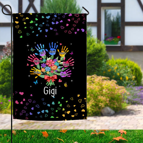 Personalized Grandkids Handprint Garden Flag, Custom Gigi Flower Bouquet Outdoor Banner, Rainbow Hearts Yard Lawn Decor,Grandchildren Names Yard Decor