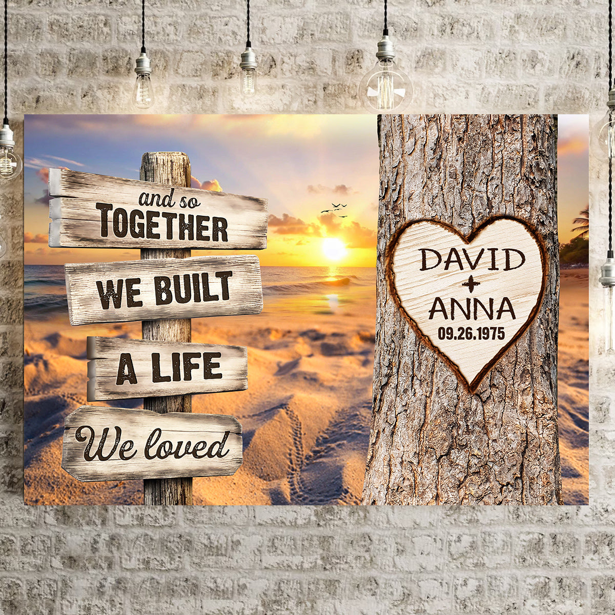 And So Together We Built A Life We Loved Rustic Wood Sign With Tree Heart & Sunset Beach Canvas Poster Gifts For Couple