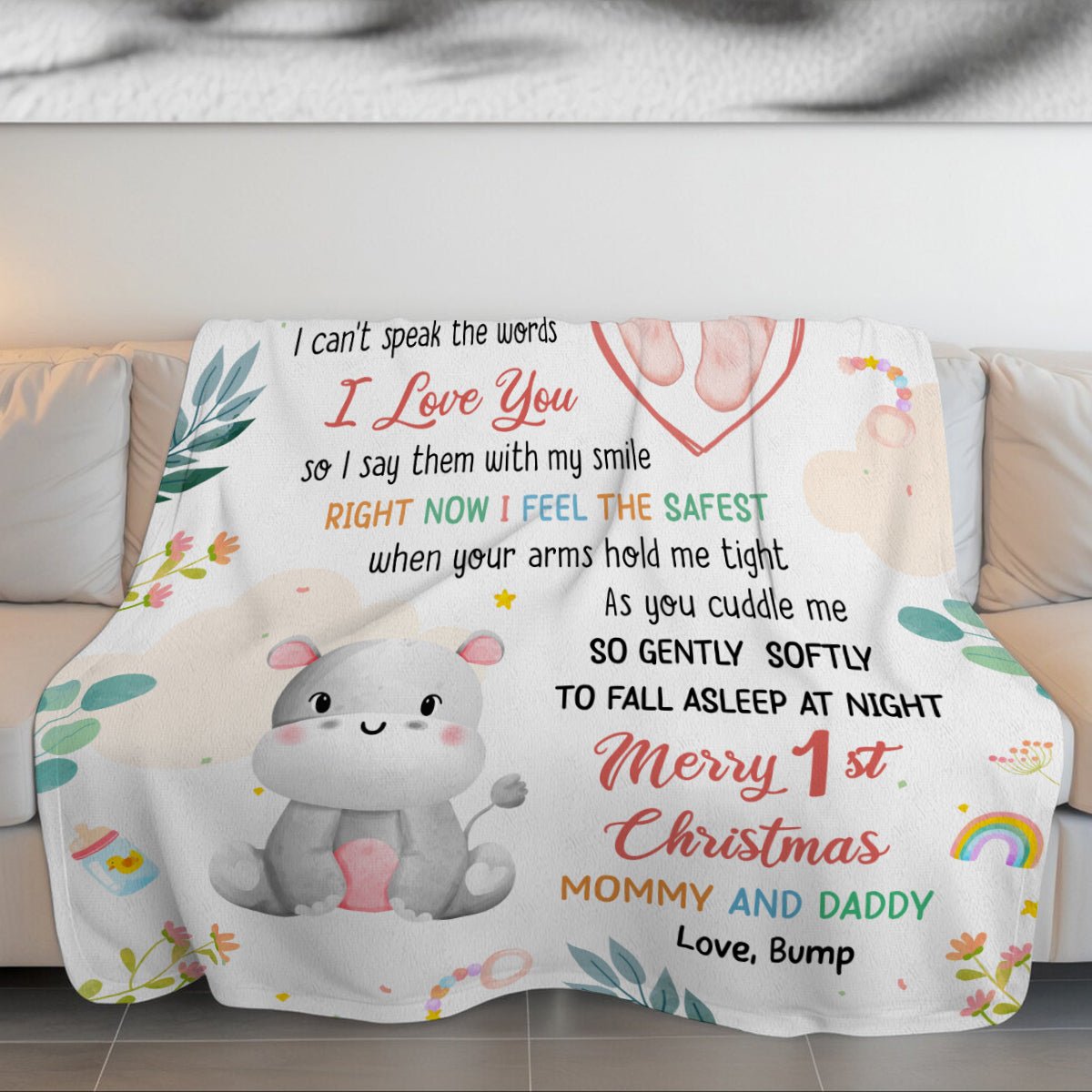 Merry 1st Christmas Mommy Daddy I've Only Been With You A While Footprint Baby Hippo, Personalized Blanket, Gifts For New Parents, Fleece Sherpa Blanket, New Parents, Gifts For Xmas