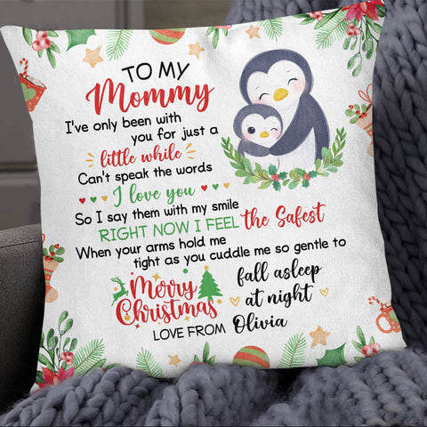 Personalized Square Pillow For New Mom From Family Pregnancy Gifts Penguin Hugging Baby I've Only Been With You Christmas Decor Custom Name Double Sided Sofa Couch Cushion On Christmas