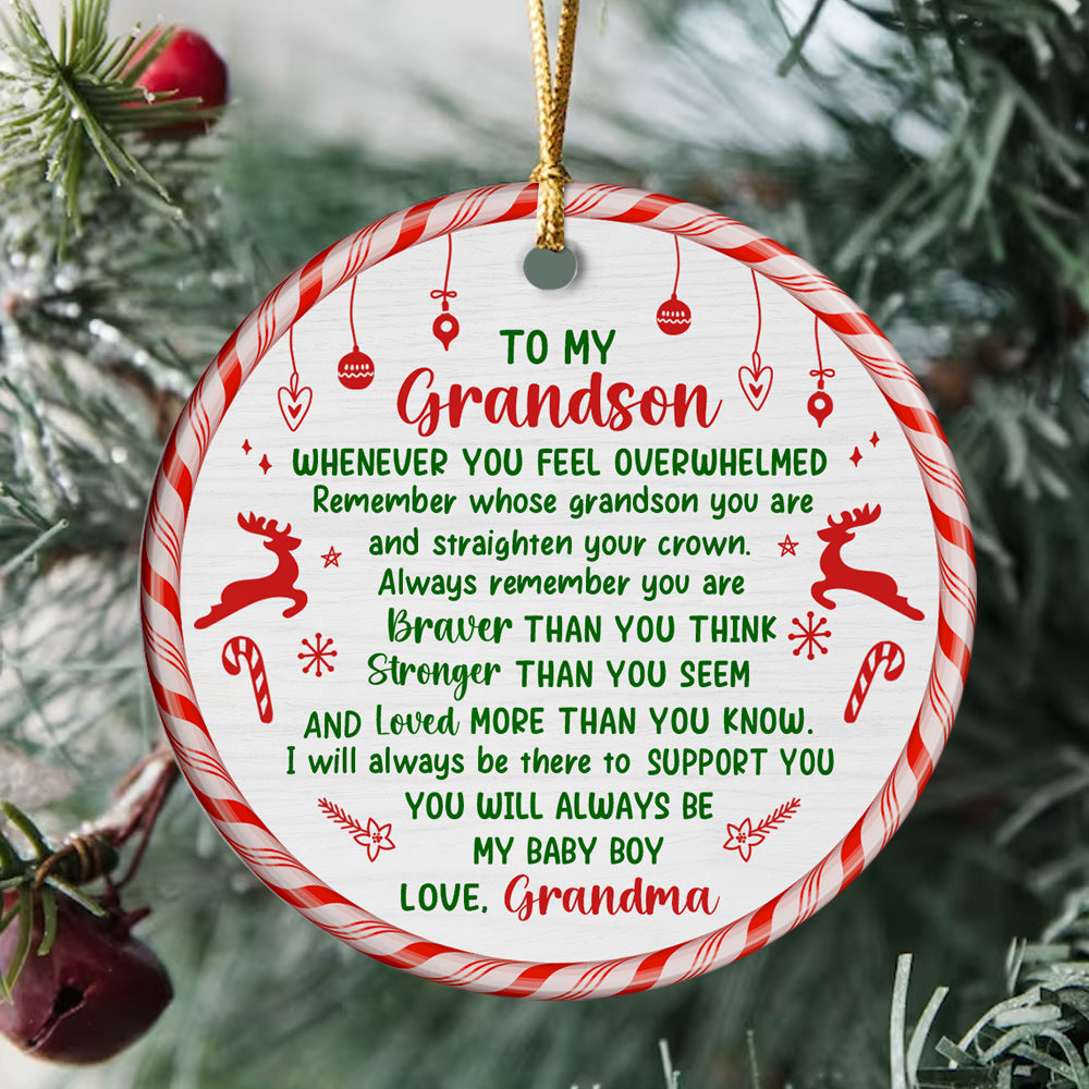 Grandsons Gifts, Remember Whose Grandson You Are Christmas Candy Cane Theme Circle Ceramic Ornament, Personalized Christmas Ornament, Gifts For Boys From Nana, Xmas Tree Decor