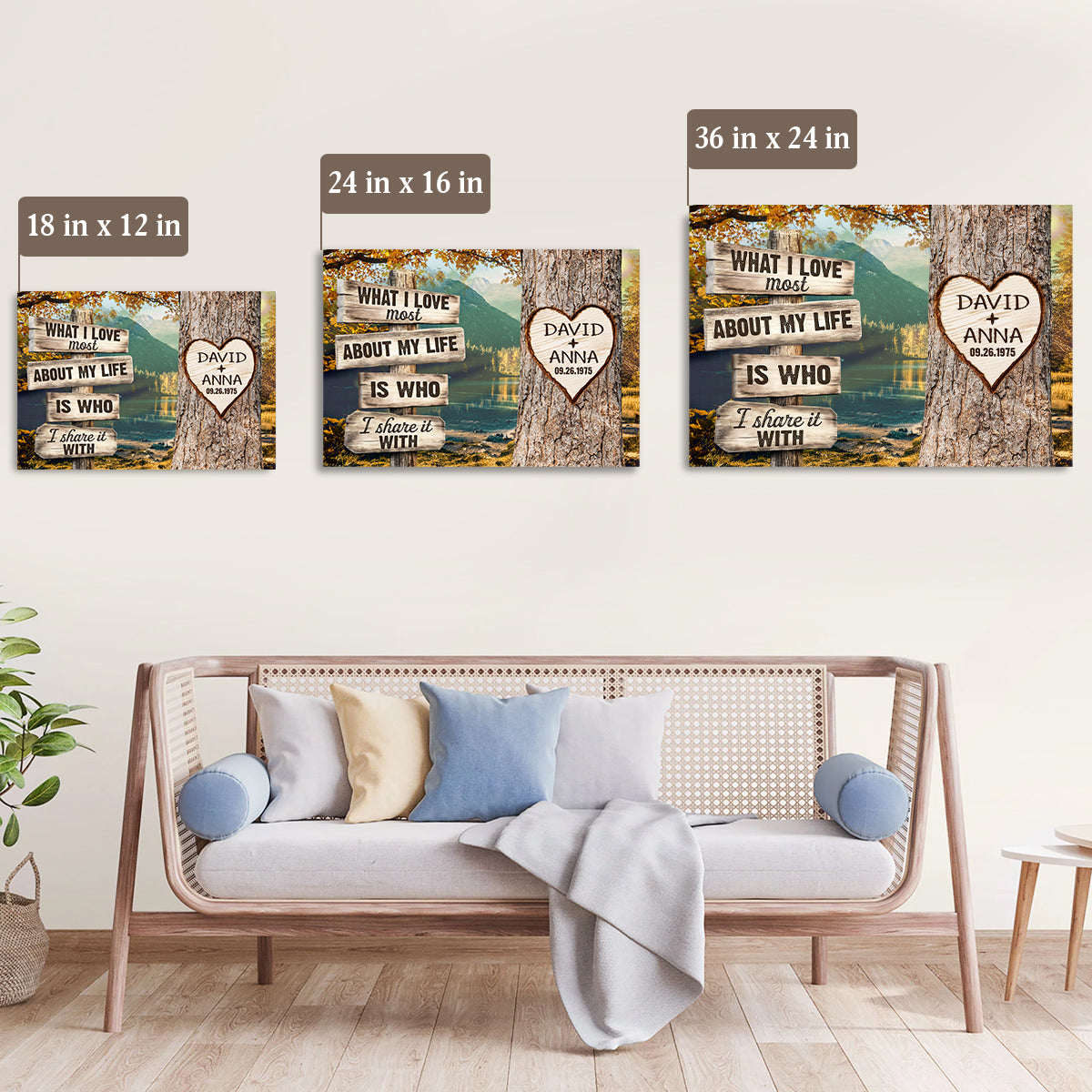 What I Love About My Life Is I Share It With Custom Name & Date Heart Carving On Tree Rustic Wood Sign With Autumn Forest, Personalized Canvas Wall Art, Gifts For Him Her Couple Poster