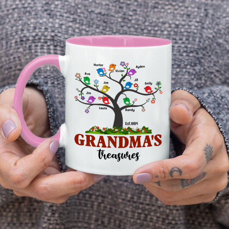 Personalized Coffee Mug For Grandma From Grandchild Grandma's Treasures Tree With Cute Birds Custom Grandkids Name 11 15Oz Ceramic Accent Cup Gifts For Grandma For Birthday Christmas