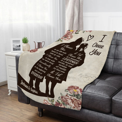Old Couple Silhouette Vintage I'd Find You & I'd Choose You Floral Printed, Personalized Blanket, Gifts For Him Her