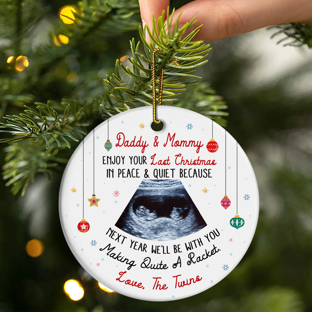 Daddy & Mommy Twins Ultrasound Ornament, Last Peaceful Christmas, Pregnancy Reveal Xmas Gift, Custom Sonogram Expecting Parents Keepsake