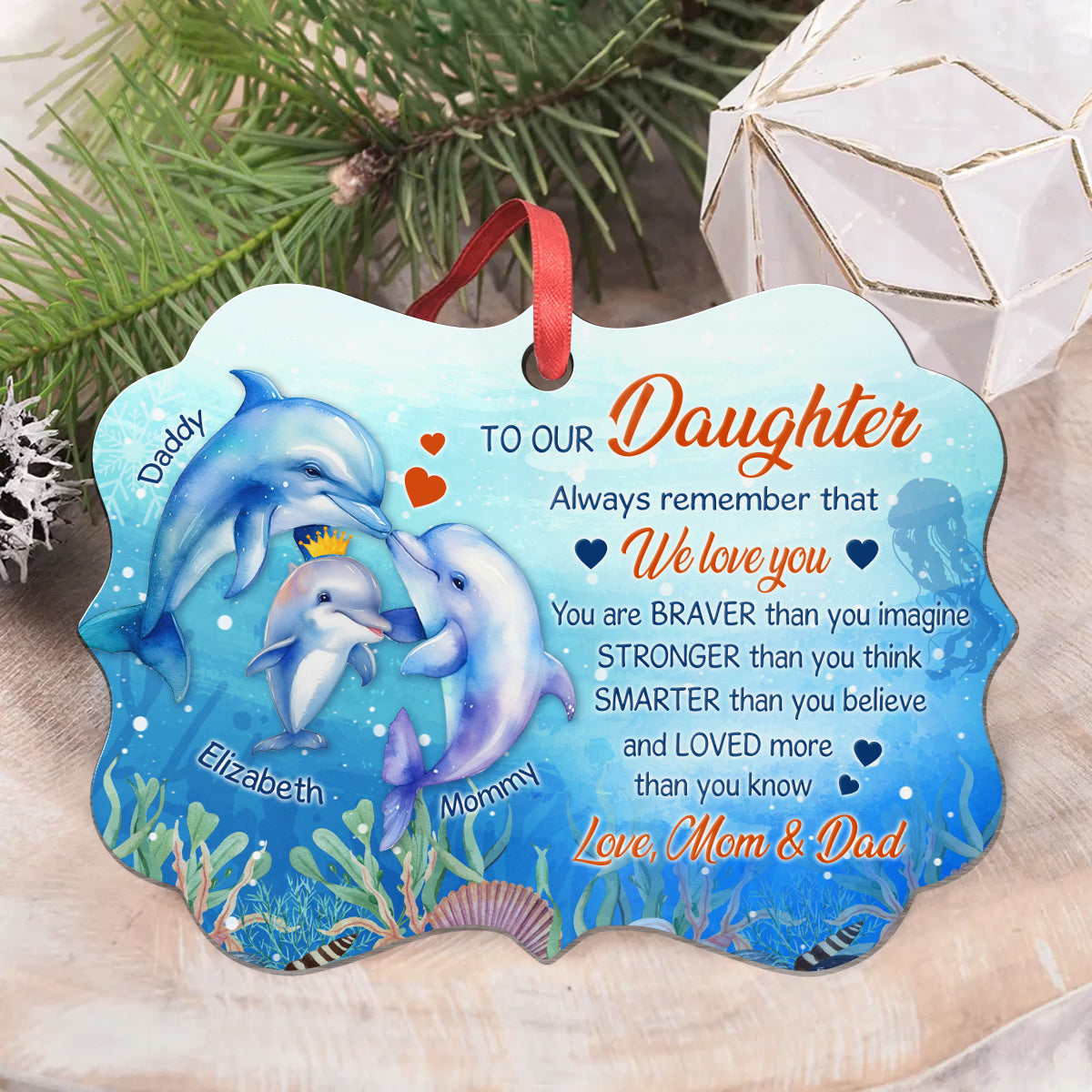 Daughter Gifts, Ocean Fish Family You Are Braver Than You Imagine Medallion Aluminum Ornament For Girls Babies From Mom Dad Parents, Xmas Tree Decor, Gifts For Birthday Holiday Winter