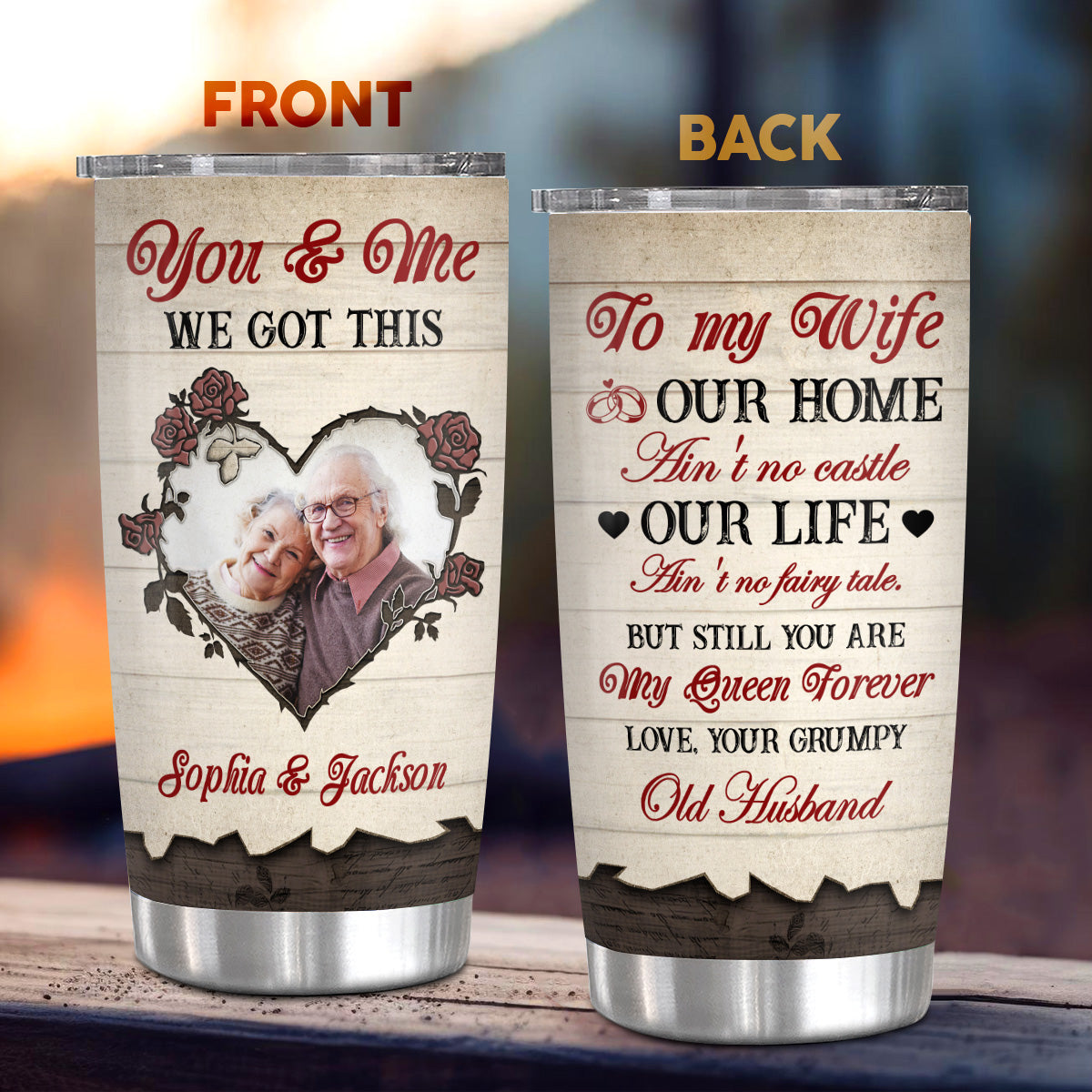 You Me Got This Old Couple Romantic Roses Heart Frame Wooden, Personalized Photo Tumbler, Gifts For Him Her From Honey, Insulated 20oz Travel Cup, Gifts For Valentine