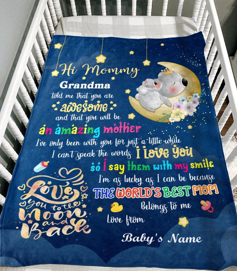 Personalized Blanket For 1St Time Mother From Baby Hi Mommy Grandma Told Me That Elephant 1St Mother's Day Cute Sleeping Custom Name Pregnant Mom Gifts Fleece Sherpa Blanket For Birthday