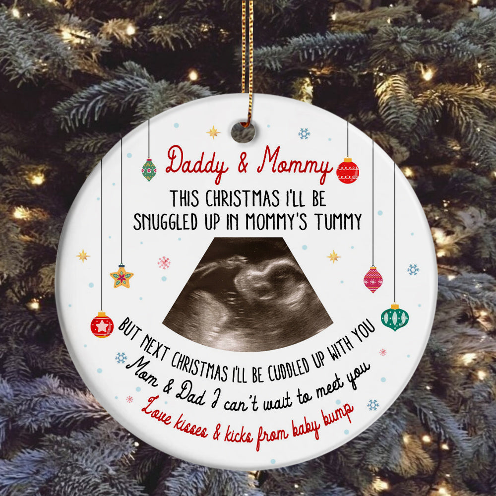 Daddy & Mommy Ultrasound Ornament, Snuggled In Mommy’s Tummy Quote, Pregnancy Reveal Xmas Gift, Custom Sonogram Photo Baby Bump Keepsake