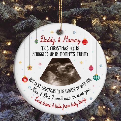 Daddy & Mommy Ultrasound Ornament, Snuggled In Mommy’s Tummy Quote, Pregnancy Reveal Xmas Gift, Custom Sonogram Photo Baby Bump Keepsake