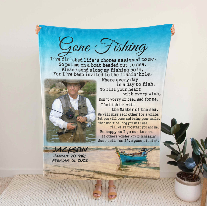 Personalized Memorial Blanket For Loss Of Grandpa Dad Gone Fishing I've Finished Life Meaningful Custom Name Photo Remembrance Gifts Fishman In Loving Memory Gifts Fleece Sherpa Blanket