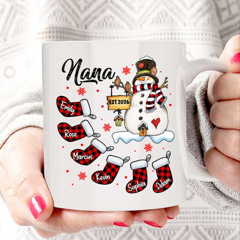 Grandma Gifts, Custom Nana Est Year Mug, Buffalo Plaid Christmas Stocking Cup, Personalized Grandchild Name Drinkware, Holiday Family Drinkware, Festive Drinkware, Personalized Coffee Mug, Gifts For Nana From Grandkids, Novelty Ceramic Cup 11 15oz, Gifts