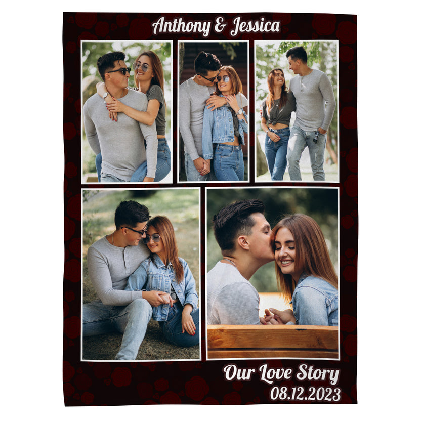 Personalized Photo Blanket, “Our Love Story” Couple Blanket, Custom Names Date Throw, Romantic Anniversary Gift, Cozy Fleece Memory Blanket