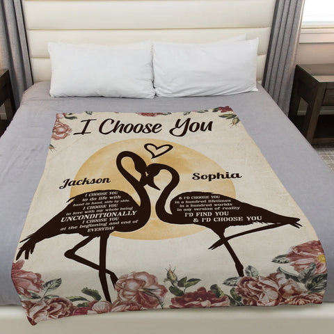 Flamingo Couple Floral Silhouette Vintage I'd Find You & I'd Choose You, Personalized Blanket, Gifts For Him Her Couple