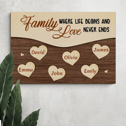 Gifts For Family, Family Together Life Begins Wooden Hearts, Personalized Canvas Wall Art, Gifts For Parents Family, Poster Prints Home Decor, Family Wall Decor, Gifts For Birthday