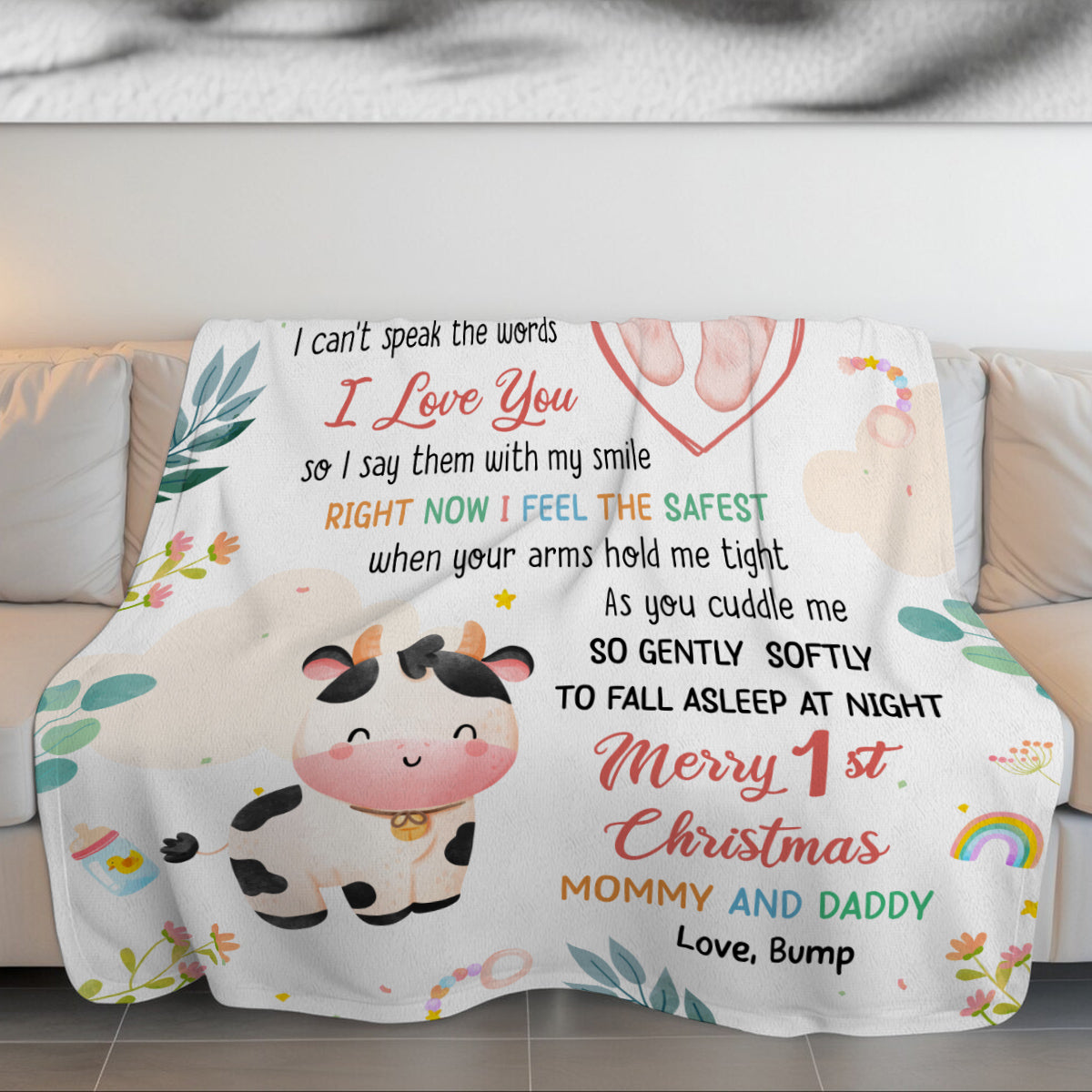 Merry 1st Christmas Mommy Daddy I've Only Been With You A While Footprint Baby Cow, Personalized Blanket, Gifts For New Parents, Fleece Sherpa Blanket, New Parents For Xmas Christmas
