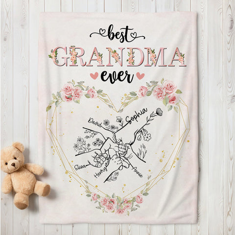 Grandma Gifts, Grandma Ever Hand In Hand Flowers Funny, Personalized Blanket, Gifts For Grandma Nana From Grandkids, Custom Fleece Sherpa Blanket, Gifts For Birthday Mother's Day