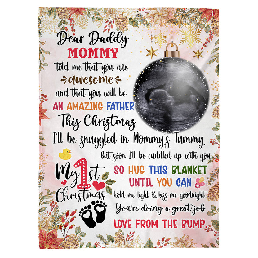 Dear Daddy Mommy Told Me You're Awesome Baby Ultrasound With Ball Hanging Tree, Christmas Pregnancy Announcement Keepsake, Father Holiday Blanket, Personalized Blanket With Photo