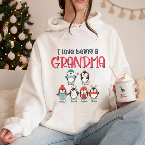 Personalized T-Shirt For Grandmother From Grandchildren Gifts For Grandparents Cute Baby Penguin I Love Being A Grandma Custom Name Short Sleeve Tee Shirt For Christmas Xmas Birthday
