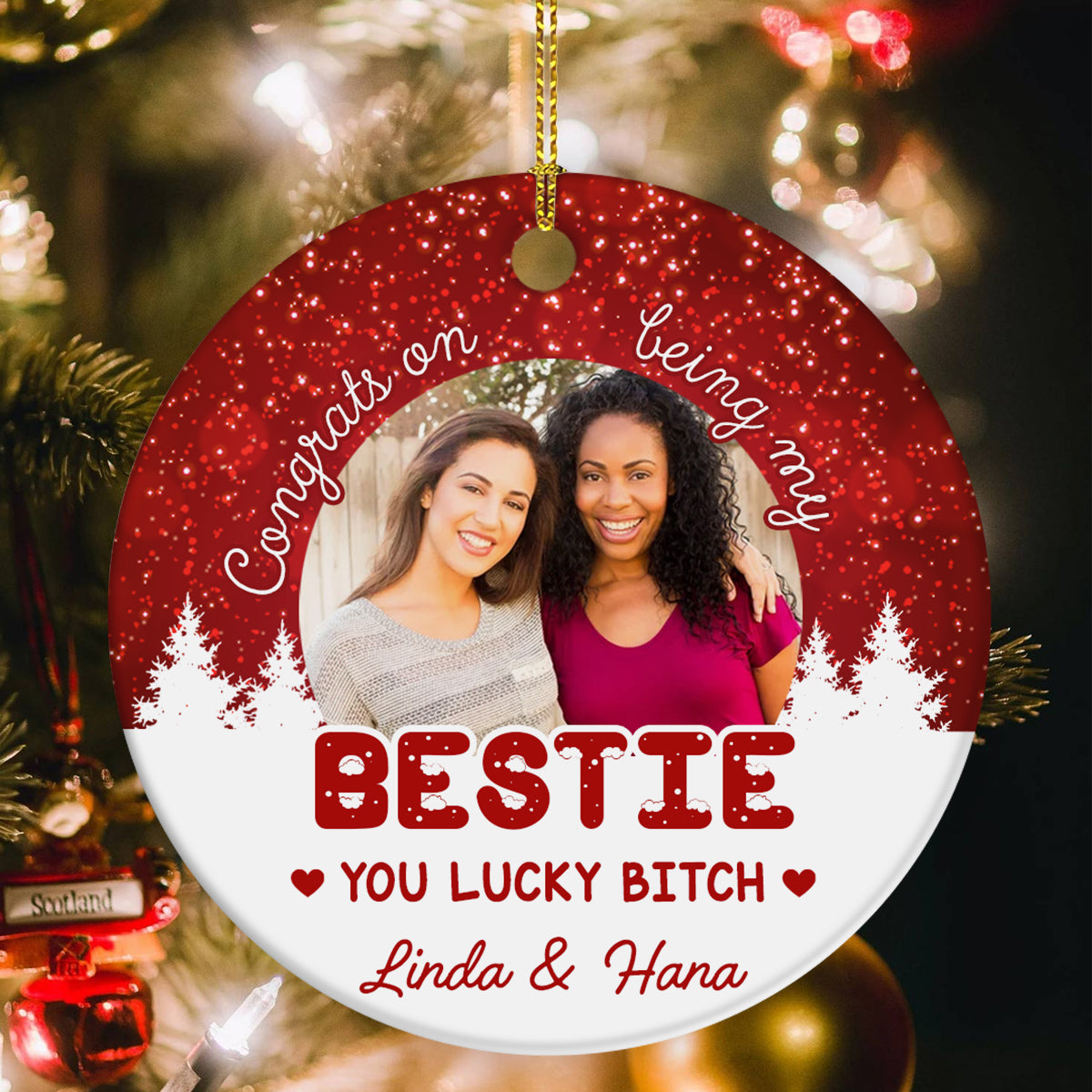 Funny Best Friend Photo Ornament, “Congrats On Being My Bestie You Lucky Bitch”, Custom Picture Christmas Gift For Besties, BFF Holiday Decor