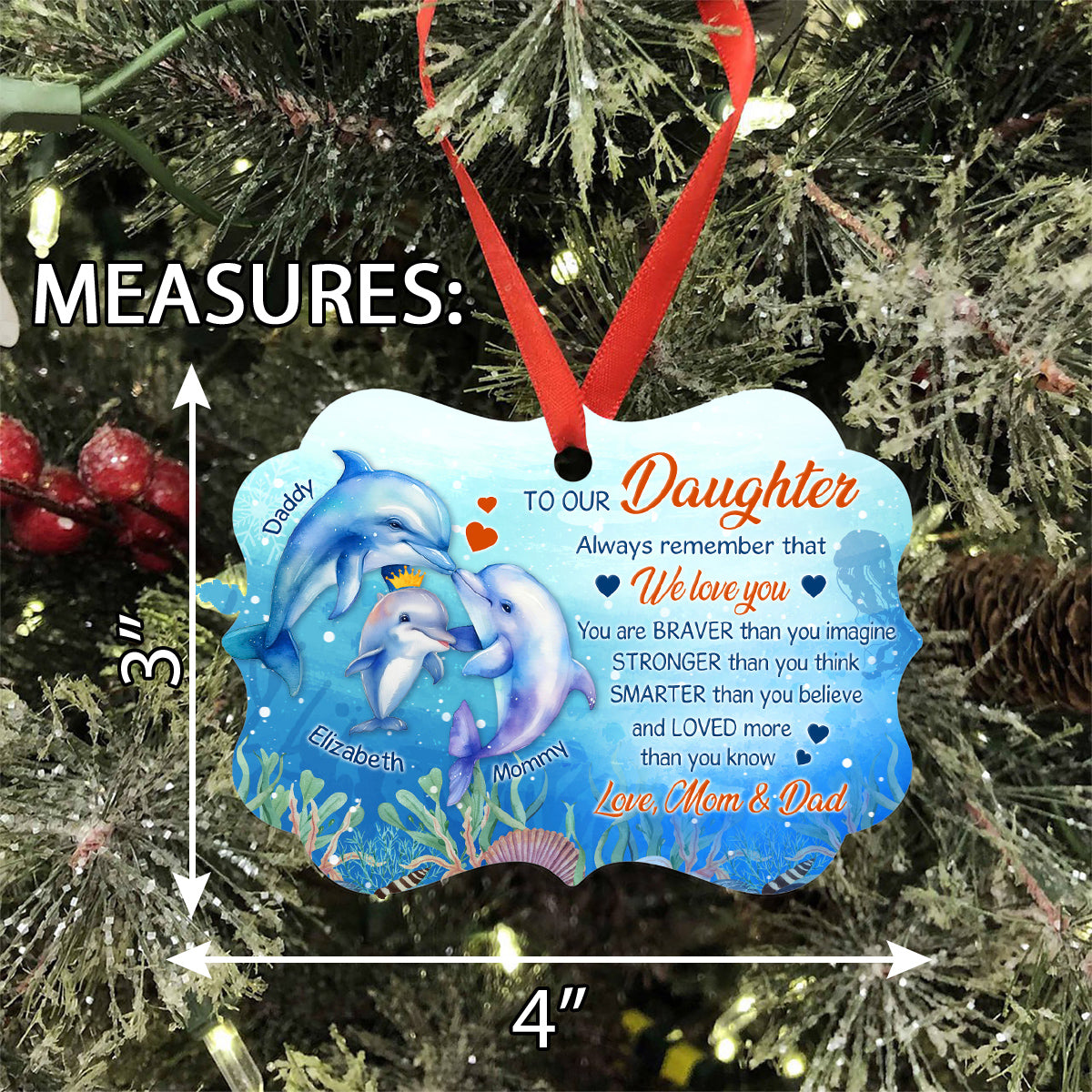 Daughter Gifts, Ocean Fish Family You Are Braver Than You Imagine Medallion Aluminum Ornament For Girls Babies From Mom Dad Parents, Xmas Tree Decor, Gifts For Birthday Holiday Winter