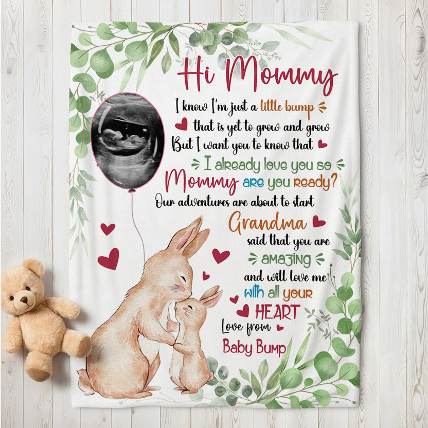 I Already Love You Leaf Mommy Baby Rabbit With Balloon Green Leaf, Personalized Blanket, Gifts For Mom To Be, Fleece Sherpa, New Mom Blanket, Gifts For Mother's Day
