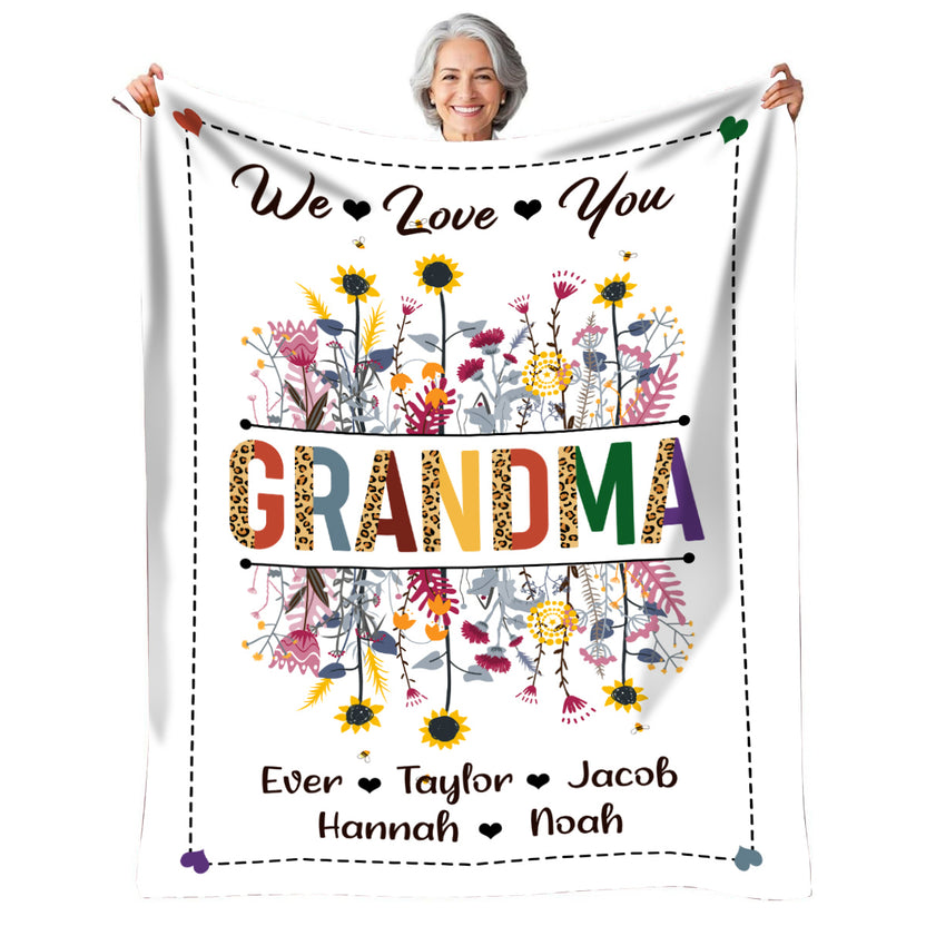 Grandma Blanket, Love You Message, Colorful Floral, Children Names At Bottom, Personalized Name, Personalized Blanket, Gifts For Nana From Grandkids, Custom Fleece Sherpa Blankets