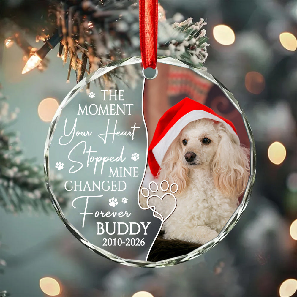 The Moment Your Heart Stopped Mine Changed Forever, Dog Memorial Glass Ornament, Custom Photo Pet Loss Remembrance Keepsake, Memorial Item For Dogs, Gifts For Loss Of Dog, Tree Decor