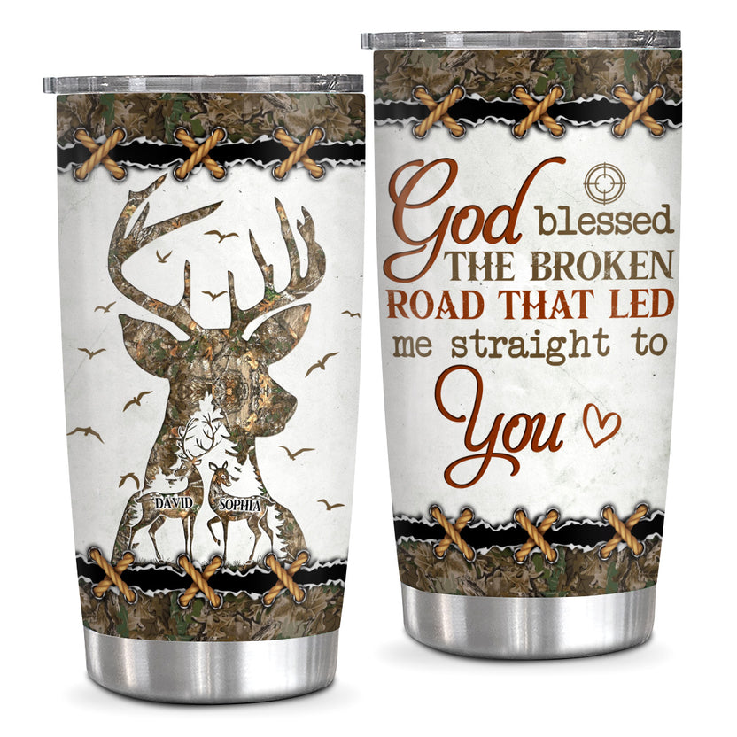 Personalized Tumbler For Boy/ Girlfriend From Honey God Blessed Broken Road That Led Me Straight To U Deer Hunting Camo Custom Name Hunting Gifts 20oz With Lid Travel Cup For Birthday