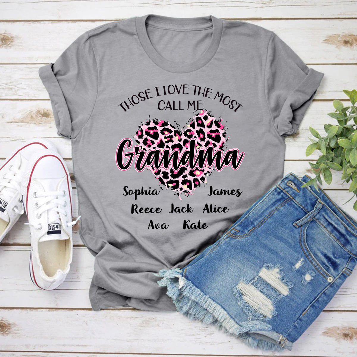 Personalized To My Mimi Gifts Ideas For Grandma Those I Love Call Me Grandma Leopard Heart T-Shirt Custom Names From Grandson For Mother's Day Birthday Christmas Customized Unisex Shirt