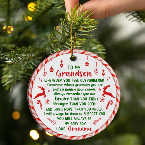 Grandsons Gifts, Remember Whose Grandson You Are Christmas Candy Cane Theme Circle Ceramic Ornament, Personalized Christmas Ornament, Gifts For Boys From Nana, Xmas Tree Decor